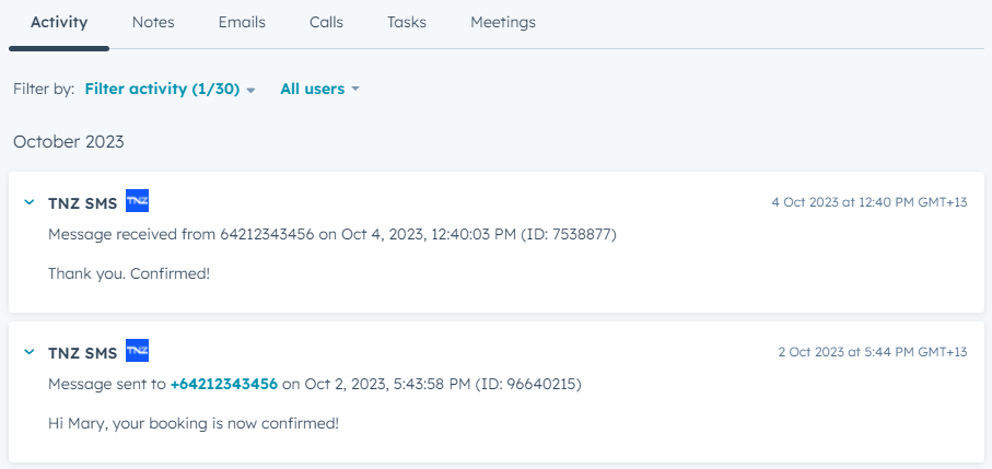 SMS HubSpot Activities